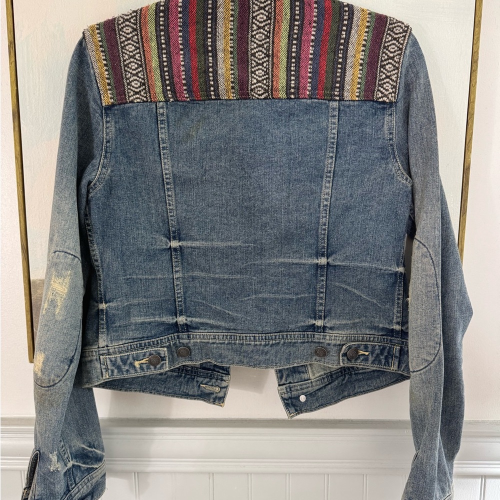 FREE PEOPLE Aztec Jean Jacket Stretch Paneled Bohemian Size 4 - Picture 6 of 7
